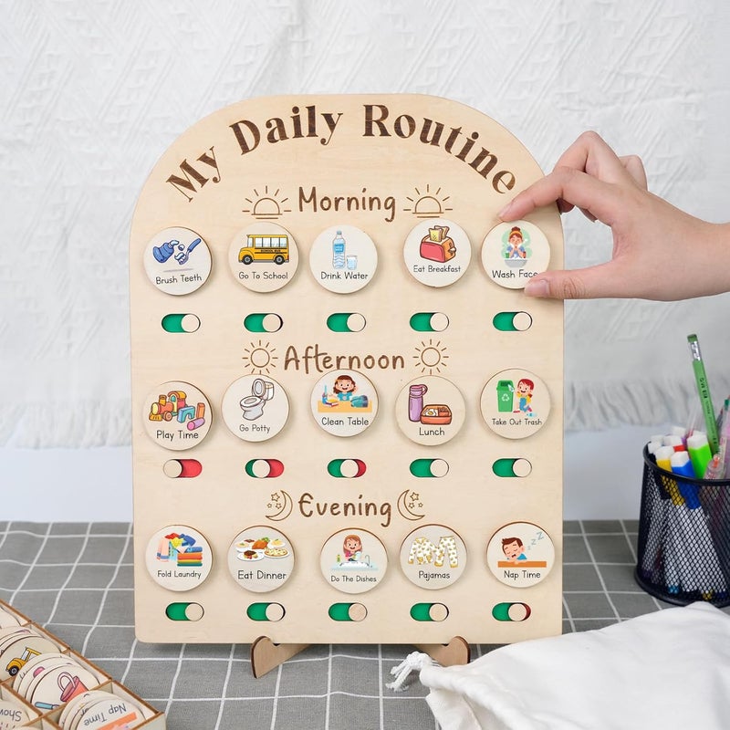 TinyKidz Store Daily Routine Chart for Kids, Visual Schedule, Routine Chart for Toddlers 3-5, Morning Bedtime Routine Chart for Toddlers, Wooden Chore Chart for Kids - Image 1